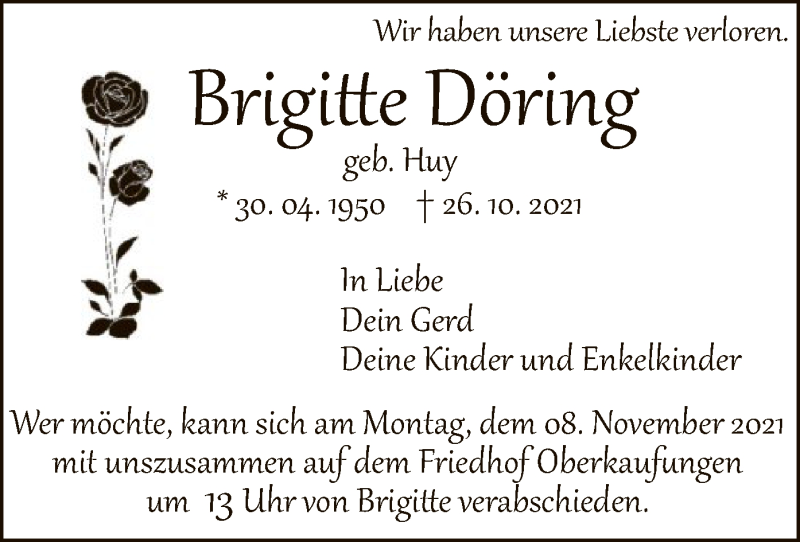  Traueranzeige für Brigitte Döring vom 30.10.2021 aus HNA