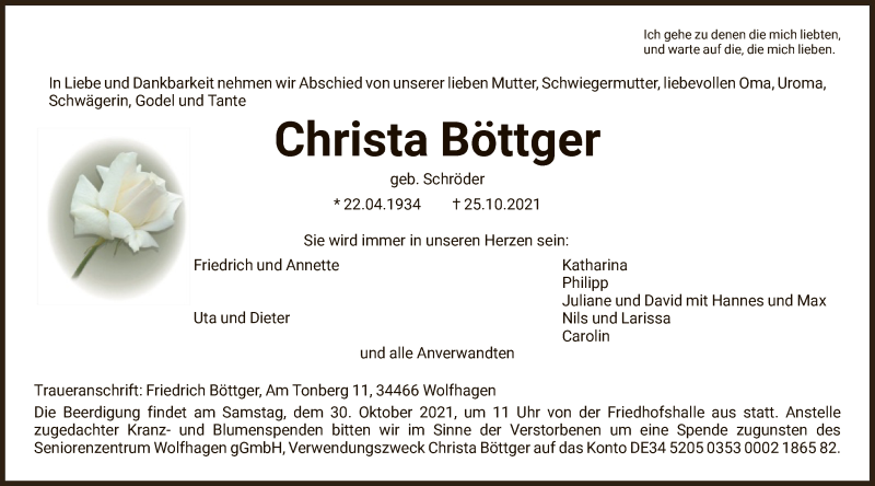  Traueranzeige für Christa Böttger vom 28.10.2021 aus HNA