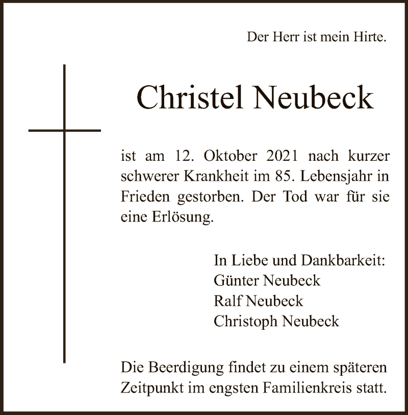  Traueranzeige für Christel Neubeck vom 16.10.2021 aus HNA