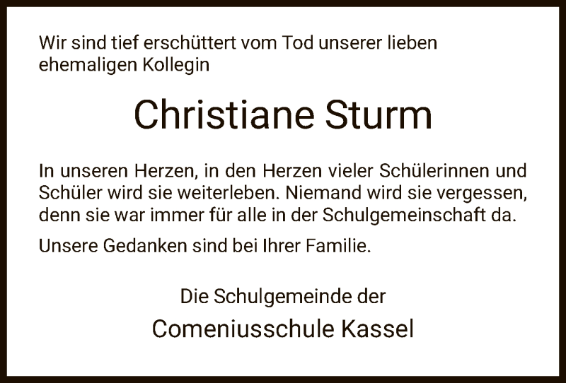  Traueranzeige für Christiane Sturm vom 06.10.2021 aus HNA