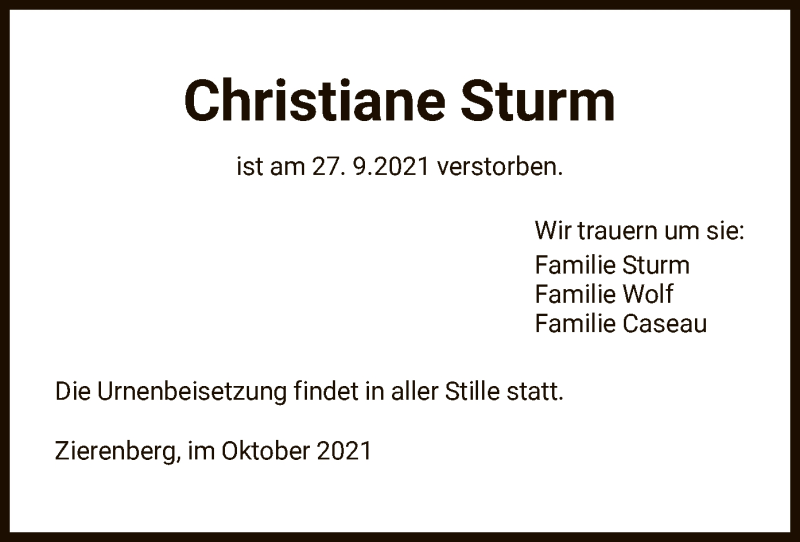  Traueranzeige für Christiane Sturm vom 06.10.2021 aus HNA