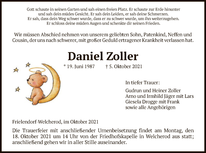  Traueranzeige für Daniel Zoller vom 13.10.2021 aus HNA