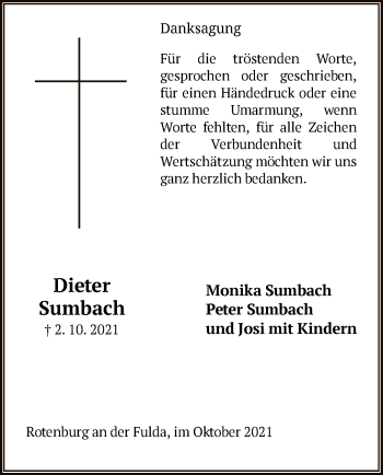 Traueranzeige von Dieter Sumbach von HNA
