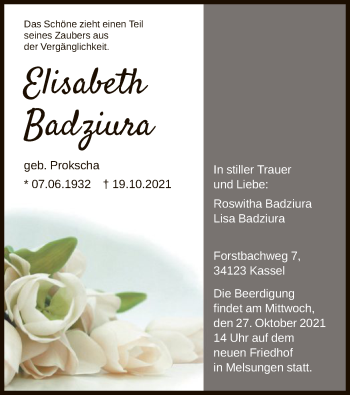 Traueranzeige von Elisabeth Badziura von HNA