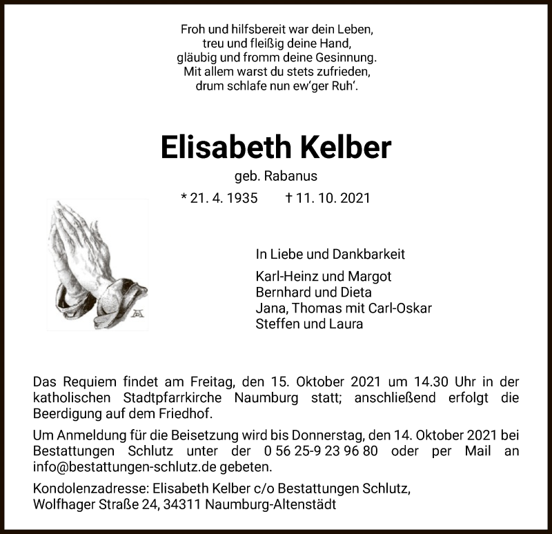  Traueranzeige für Elisabeth Kelber vom 13.10.2021 aus HNA