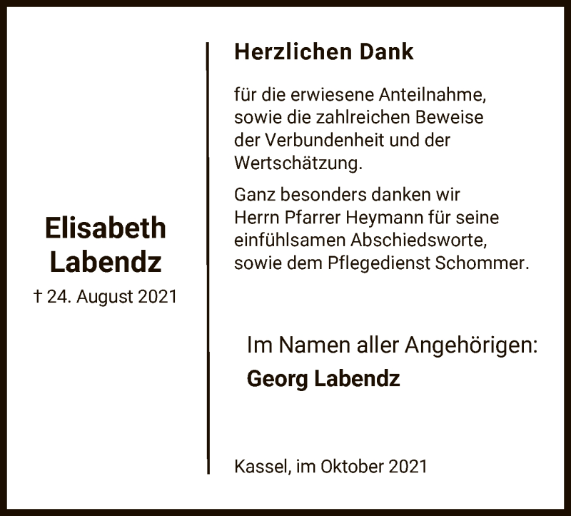  Traueranzeige für Elisabeth Labendz vom 16.10.2021 aus HNA
