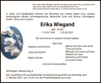 Traueranzeige von Erika Wiegand von HNA