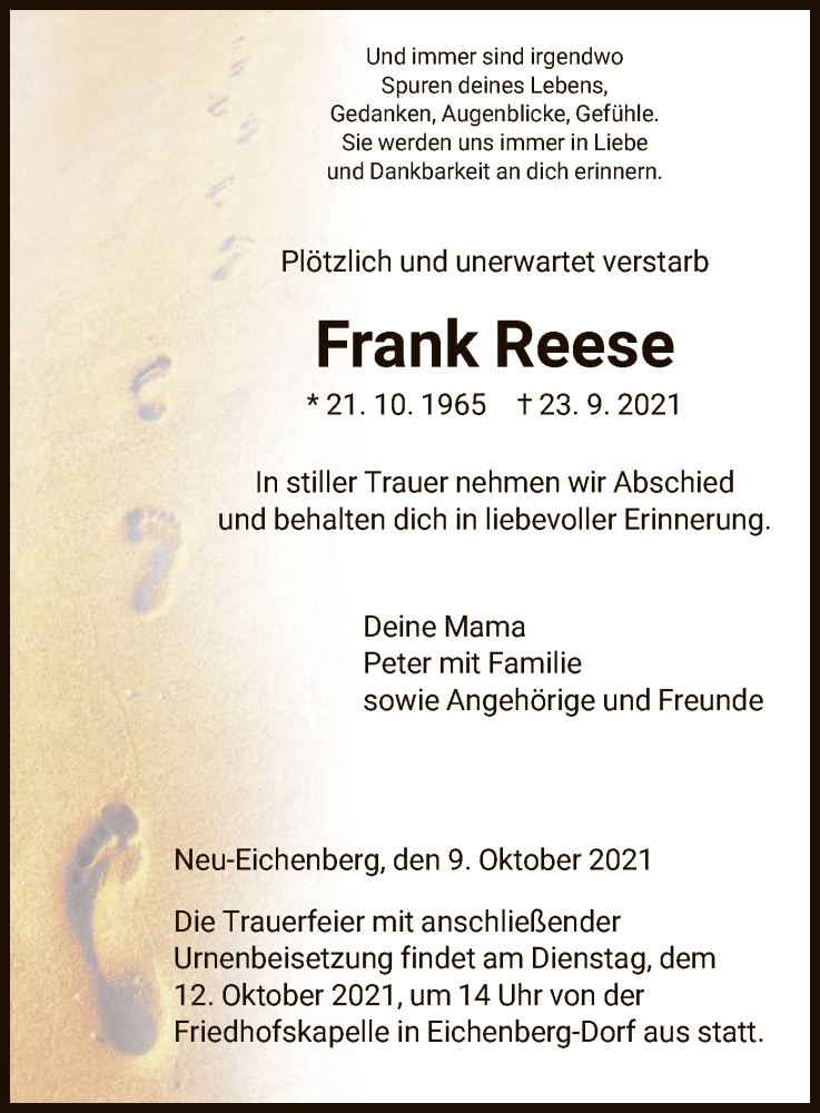  Traueranzeige für Frank Reese vom 09.10.2021 aus HNA