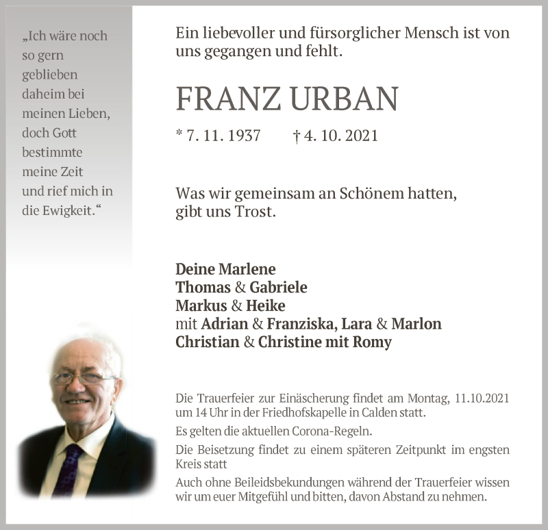  Traueranzeige für Franz Urban vom 09.10.2021 aus HNA