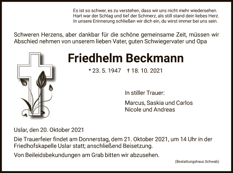  Traueranzeige für Friedhelm Beckmann vom 20.10.2021 aus HNA