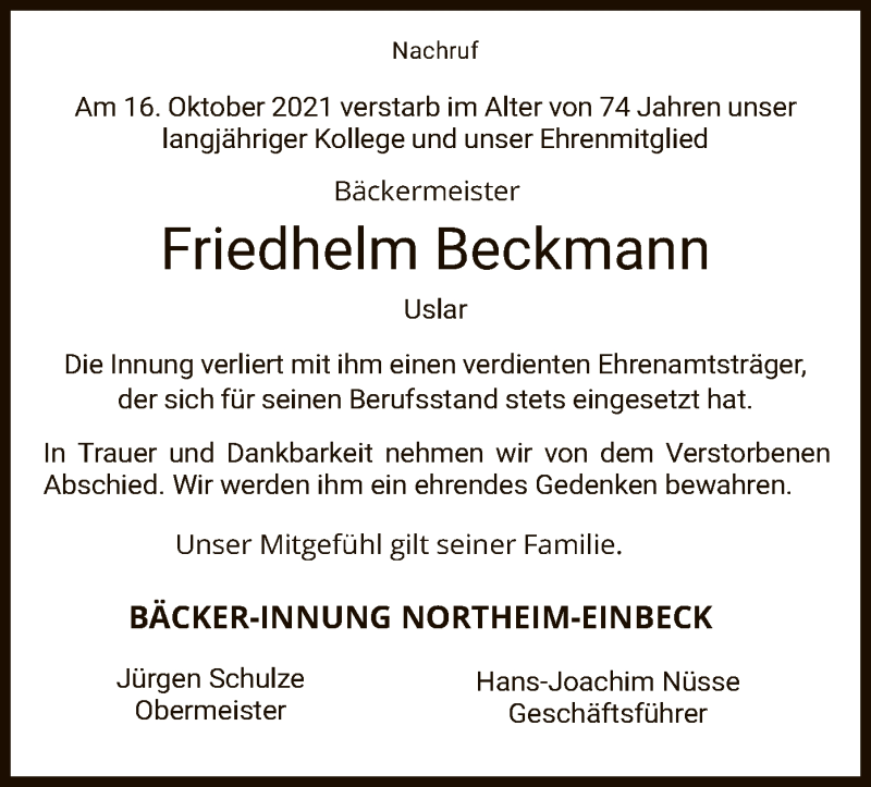  Traueranzeige für Friedhelm Beckmann vom 20.10.2021 aus HNA
