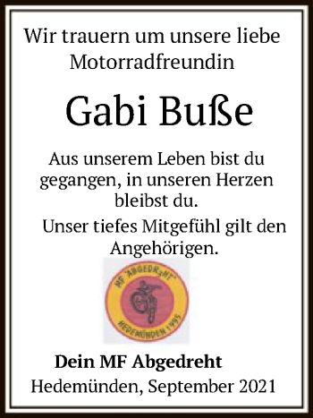 Traueranzeige von Gabi Buße von HNA