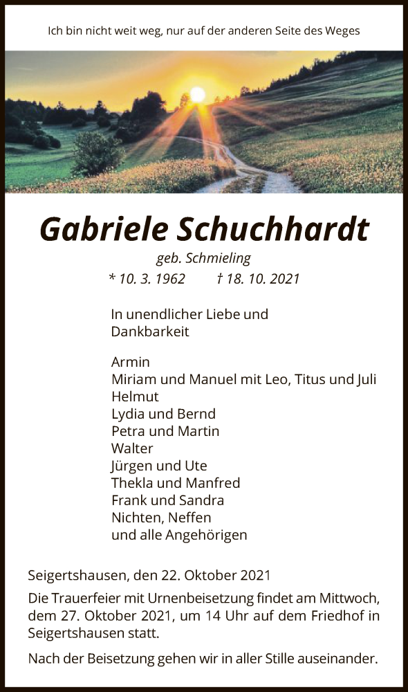  Traueranzeige für Gabriele Schuchhardt vom 22.10.2021 aus HNA