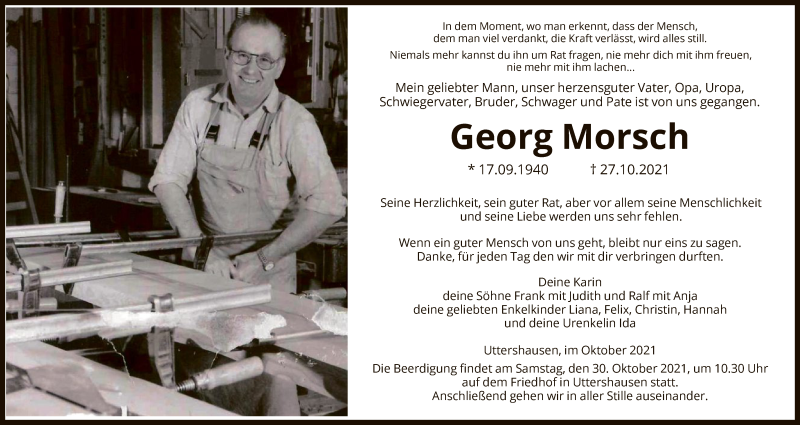  Traueranzeige für Georg Morsch vom 29.10.2021 aus HNA