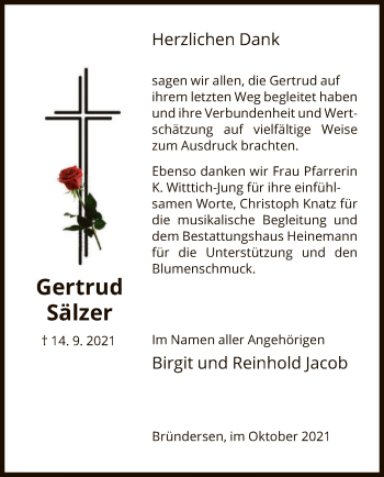 Traueranzeige von Gertrud Sälzer von HNA