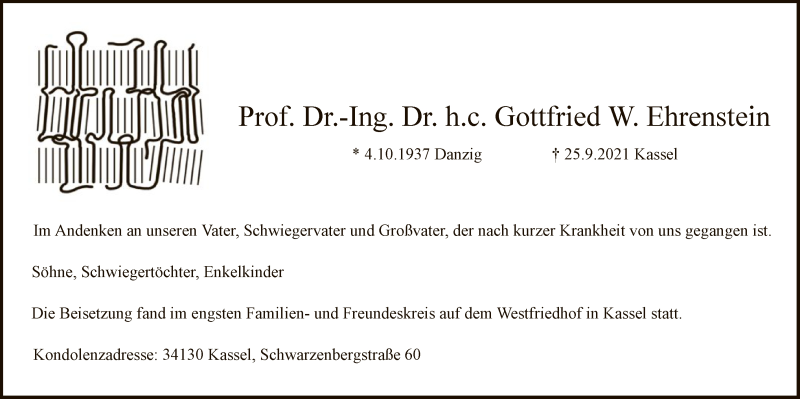  Traueranzeige für Gottfried W. Ehrenstein vom 09.10.2021 aus HNA