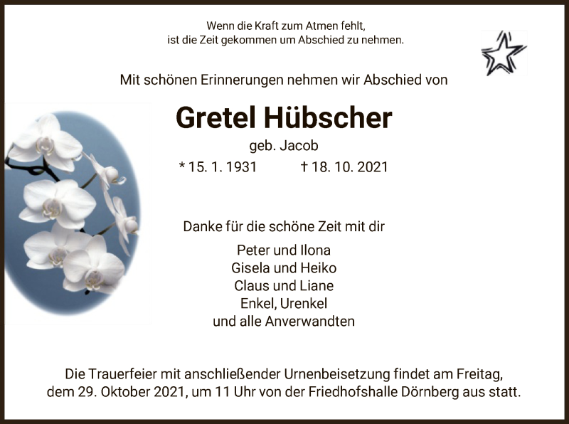  Traueranzeige für Gretel Hübscher vom 26.10.2021 aus HNA