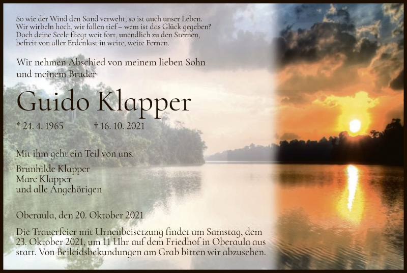  Traueranzeige für Guido Klapper vom 20.10.2021 aus HNA