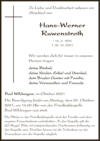 Traueranzeige von Hans-Werner Ruwenstroh von HNA