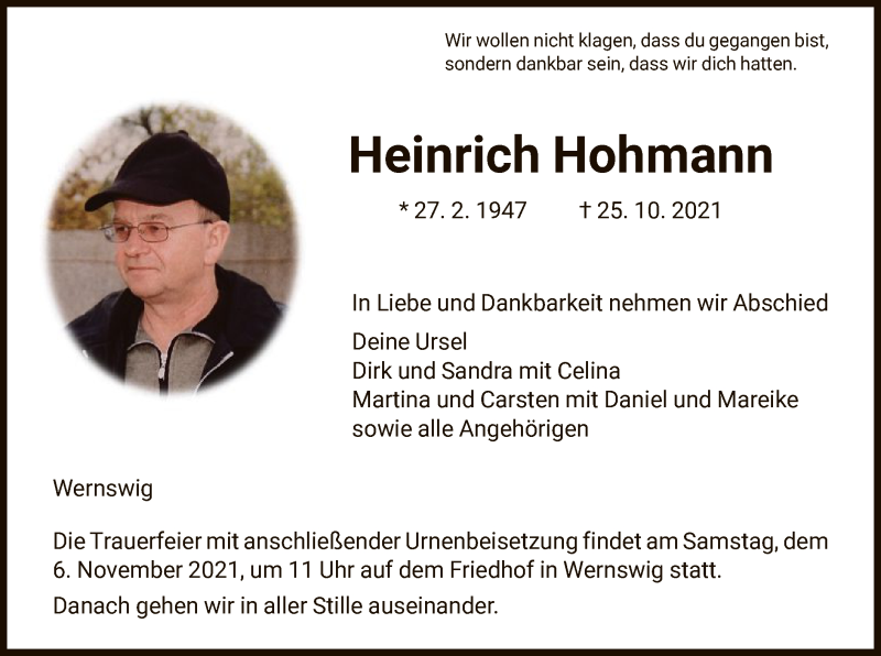  Traueranzeige für Heinrich Hohmann vom 30.10.2021 aus HNA