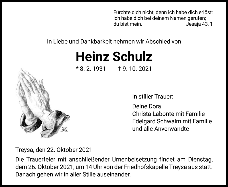  Traueranzeige für Heinz Schulz vom 22.10.2021 aus HNA