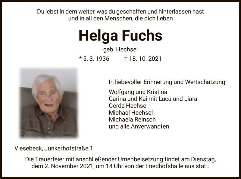  Traueranzeige für Helga Fuchs vom 29.10.2021 aus HNA