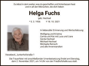 Traueranzeige von Helga Fuchs von HNA