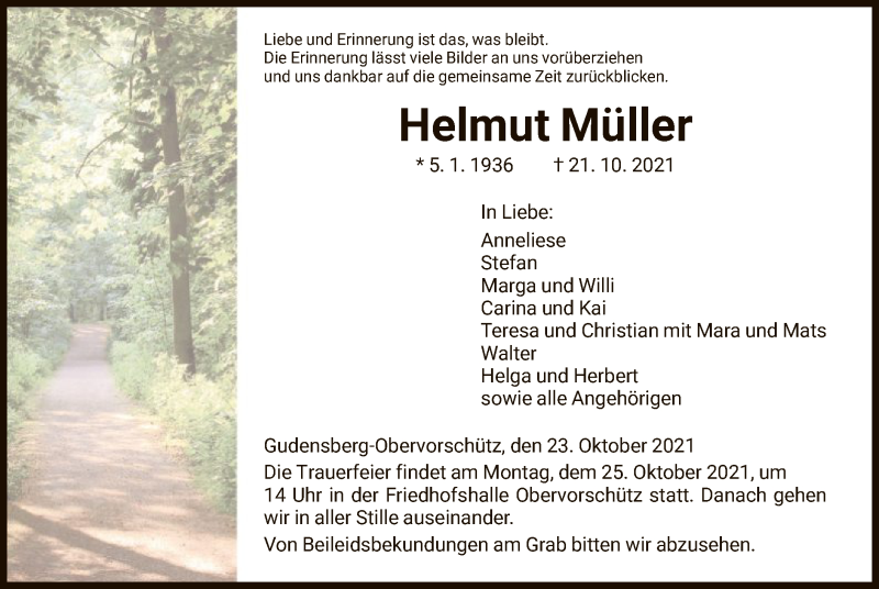  Traueranzeige für Helmut Müller vom 23.10.2021 aus HNA