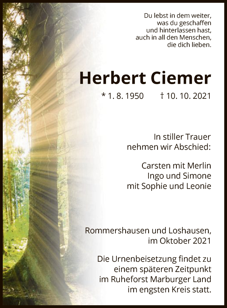  Traueranzeige für Herbert Ciemer vom 16.10.2021 aus HNA