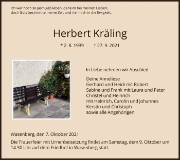 Traueranzeige von Herbert Kräling von HNA