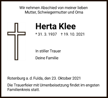 Traueranzeige von Herta Klee von HNA