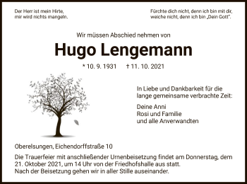 Traueranzeige von Hugo Lengemann von HNA
