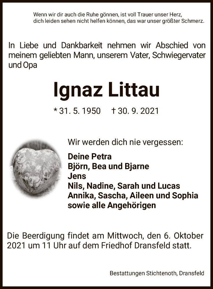  Traueranzeige für Ignaz Littau vom 05.10.2021 aus HNA