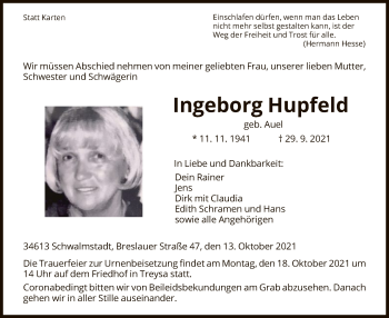 Traueranzeige von Ingeborg Hupfeld von HNA