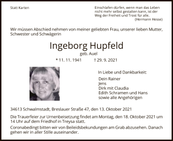 Traueranzeige von Ingeborg Hupfeld von HNA