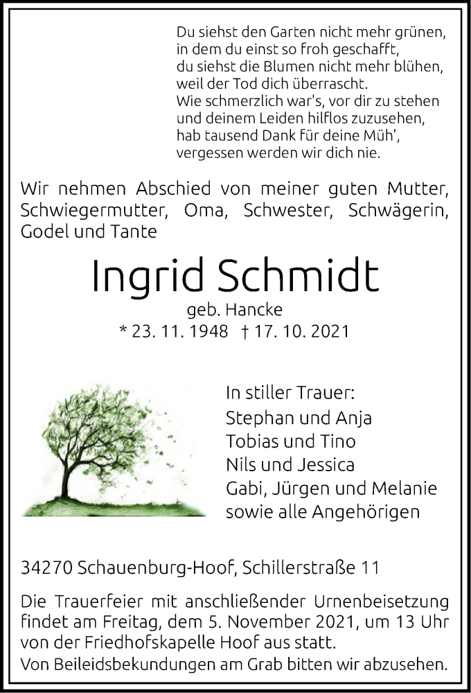  Traueranzeige für Ingrid Schmidt vom 30.10.2021 aus HNA