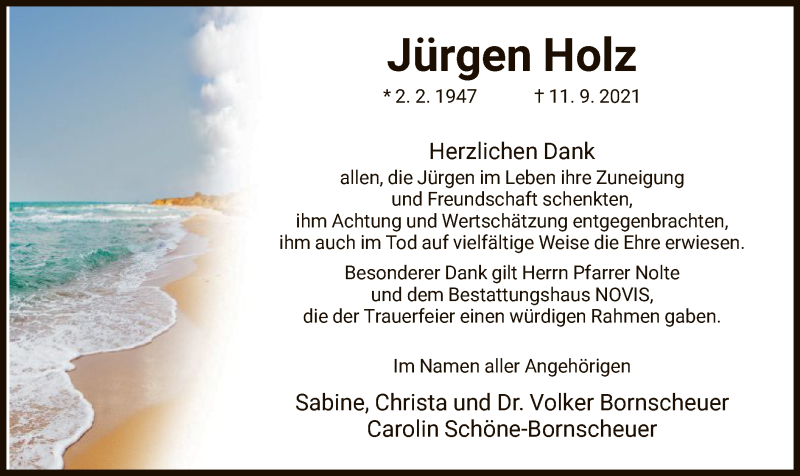  Traueranzeige für Jürgen Holz vom 16.10.2021 aus HNA