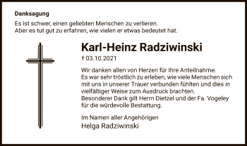 Traueranzeige von Karl-Heinz Radziwinski von HNA