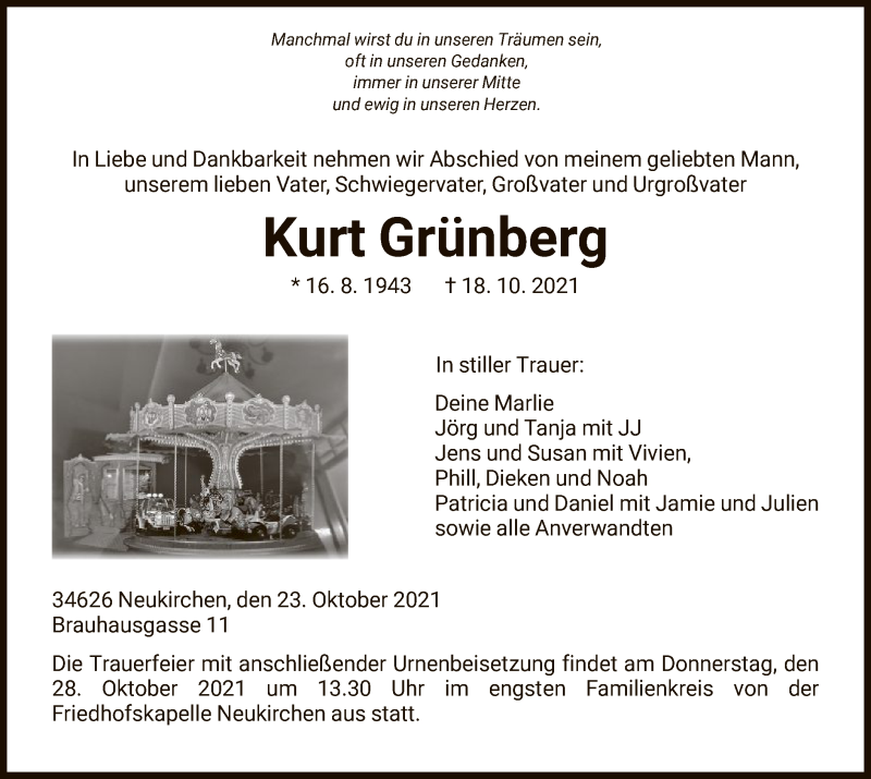  Traueranzeige für Kurt Grünberg vom 23.10.2021 aus HNA