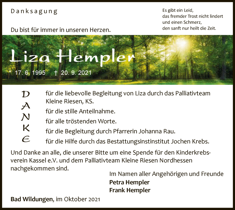  Traueranzeige für Liza Hempler vom 30.10.2021 aus WLZ