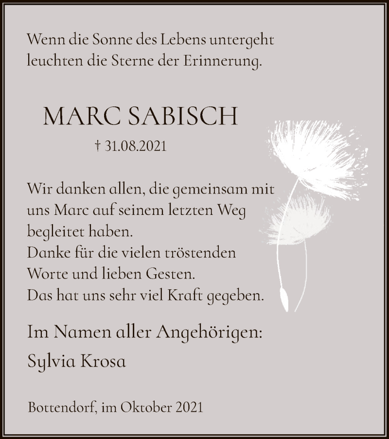  Traueranzeige für Marc Sabisch vom 30.10.2021 aus HNA