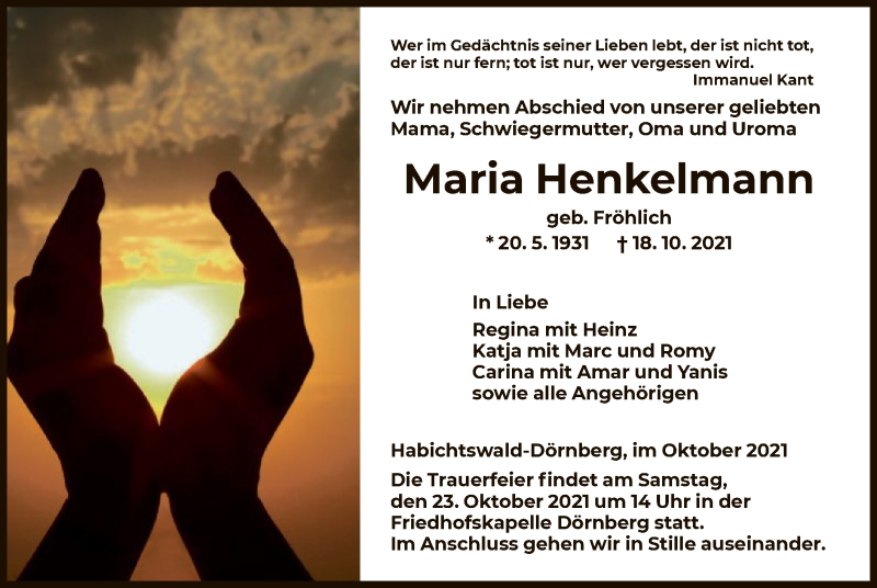  Traueranzeige für Maria Henkelmann vom 20.10.2021 aus HNA