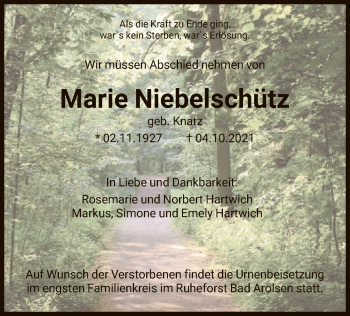 Traueranzeige von Marie Niebelschütz von HNA