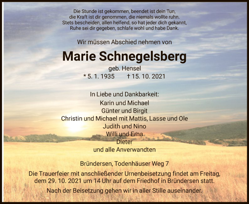  Traueranzeige für Marie Schnegelsberg vom 26.10.2021 aus HNA