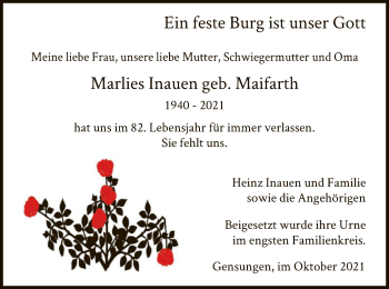 Traueranzeige von Marlies Inauen von HNA