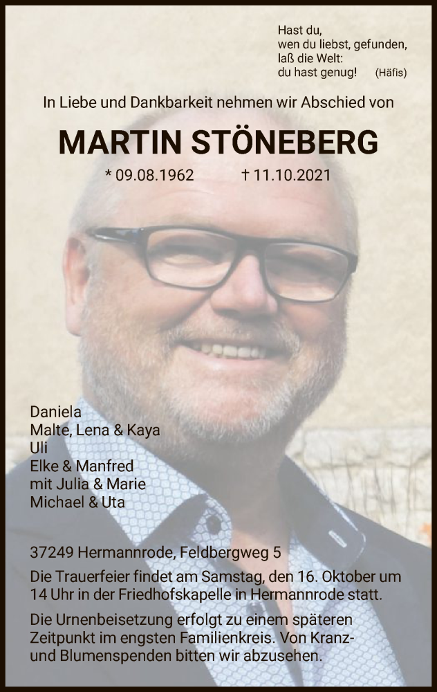  Traueranzeige für Martin Stöneberg vom 14.10.2021 aus HNA