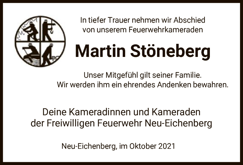  Traueranzeige für Martin Stöneberg vom 16.10.2021 aus HNA