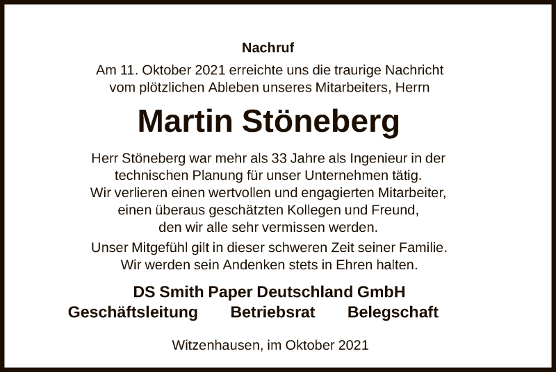  Traueranzeige für Martin Stöneberg vom 16.10.2021 aus HNA