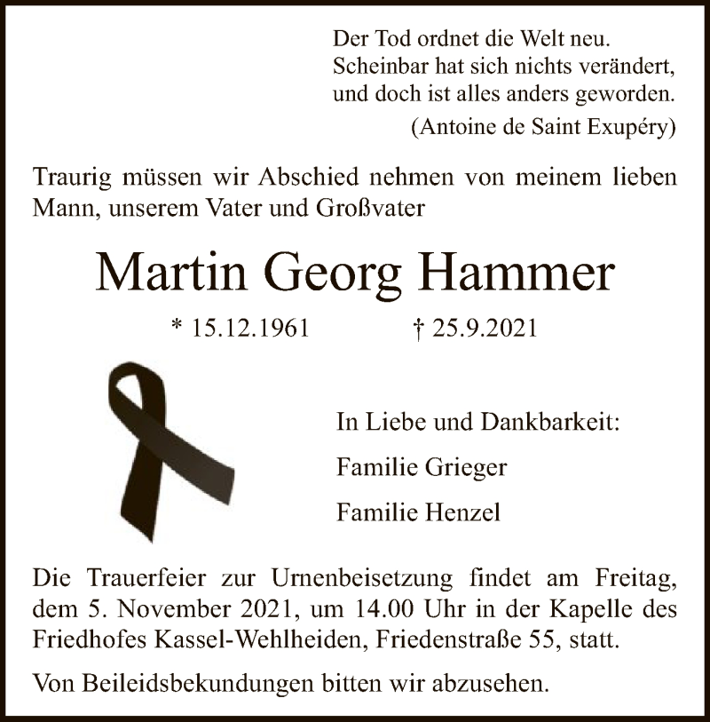  Traueranzeige für Martin Georg Hammer vom 30.10.2021 aus HNA