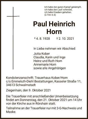 Traueranzeige von Paul Heinrich Horn von HNA